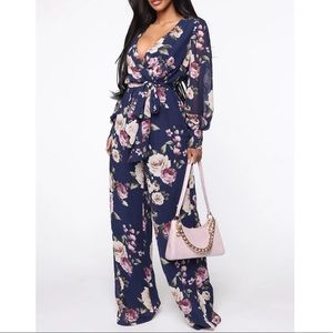 Fashion Nova Moonshine Chiffon Printed Jumpsuit Navy Blue/Combo